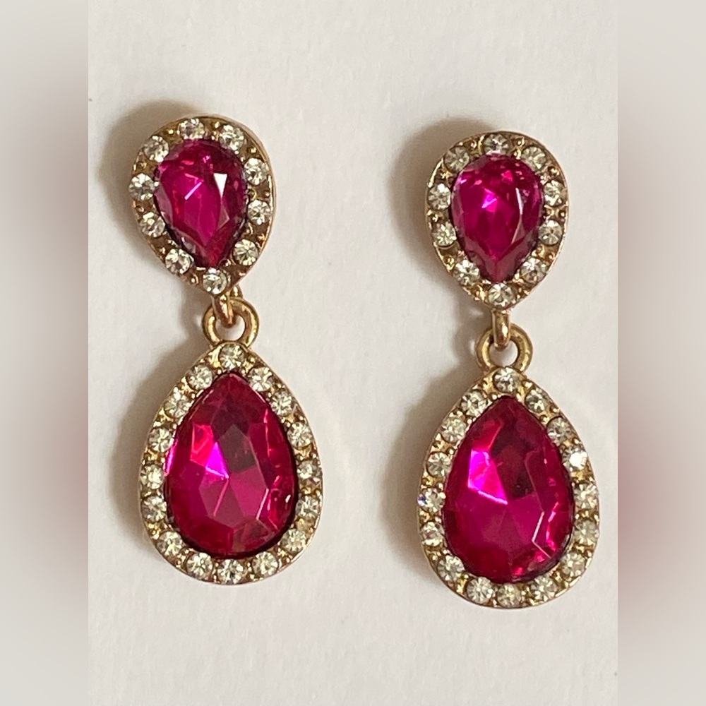 3-PAIRS OF EARRINGS-FUSCIA, GREEN, AND WHITE DROP EARRINGS
